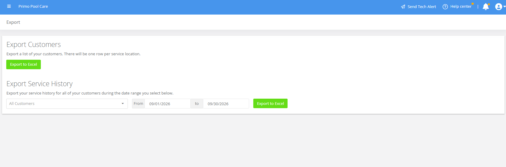 Skimmer's Export screen, showing the Export Customers button and the Export Service History date range with its own Export to Excel button