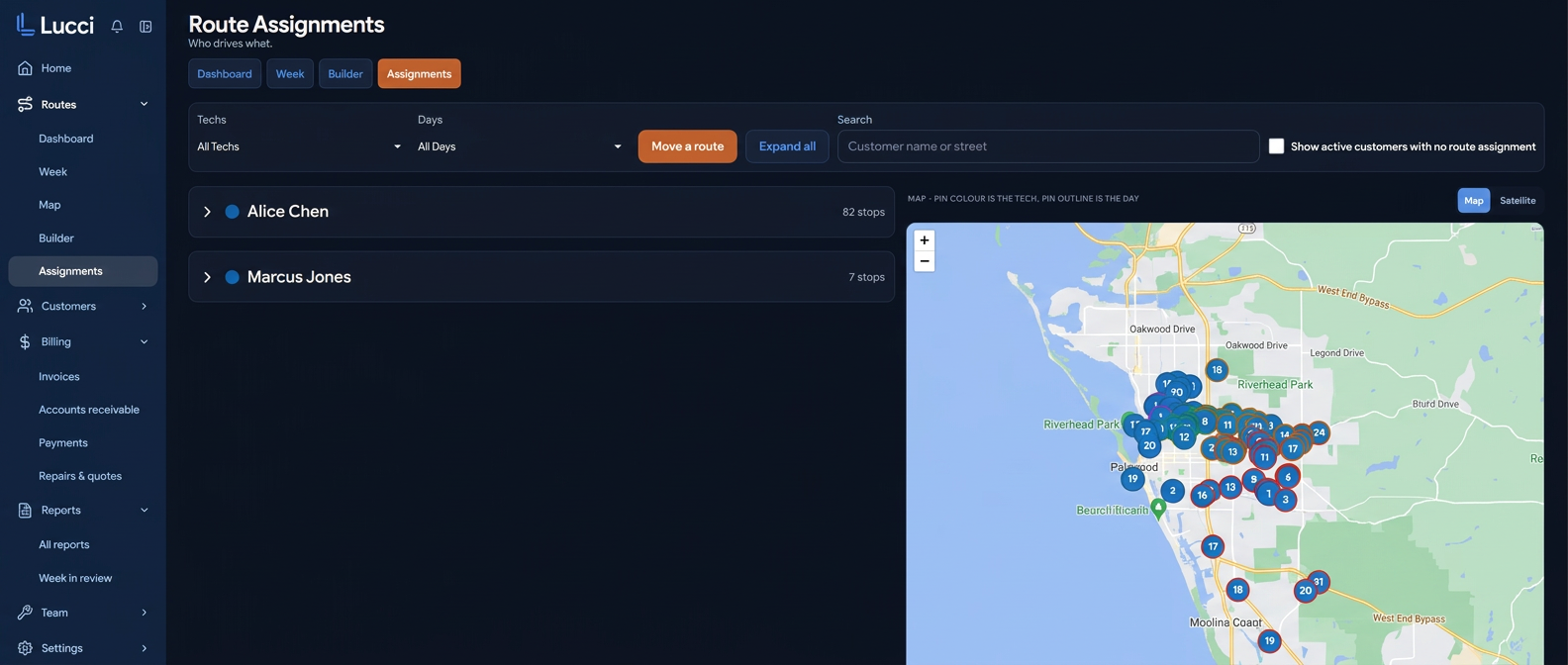 Privacy-safe Lucci route assignments screen with fictional technicians and a generic service-area map