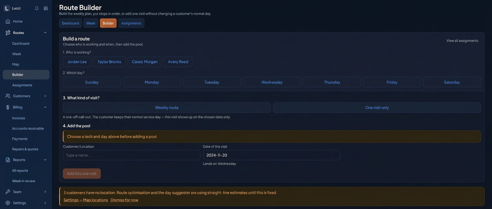 Privacy-safe Lucci route builder showing weekly and one-visit choices in dark mode