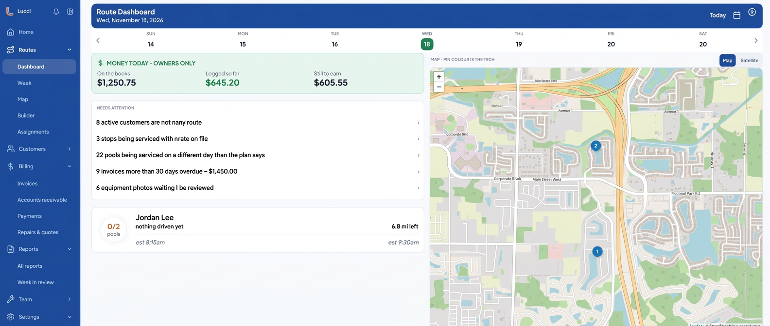 Privacy-safe Lucci route dashboard in light mode with fictional route data