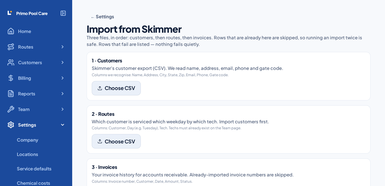 Lucci's Import from Skimmer screen, with pickers matching Skimmer's own exports: Customers, Service History and Invoice Details